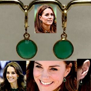 Princess Kate Middleton Green Onyx & Gold Hoop Earrings, Handmade Replicas